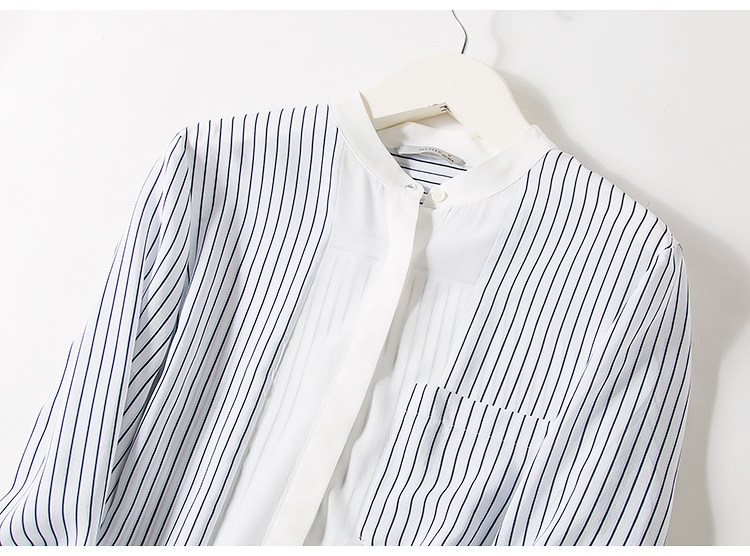 春秋装新款真丝衬衫口袋小立领条纹小心机衬衣拼色通勤休闲上衣女详情5