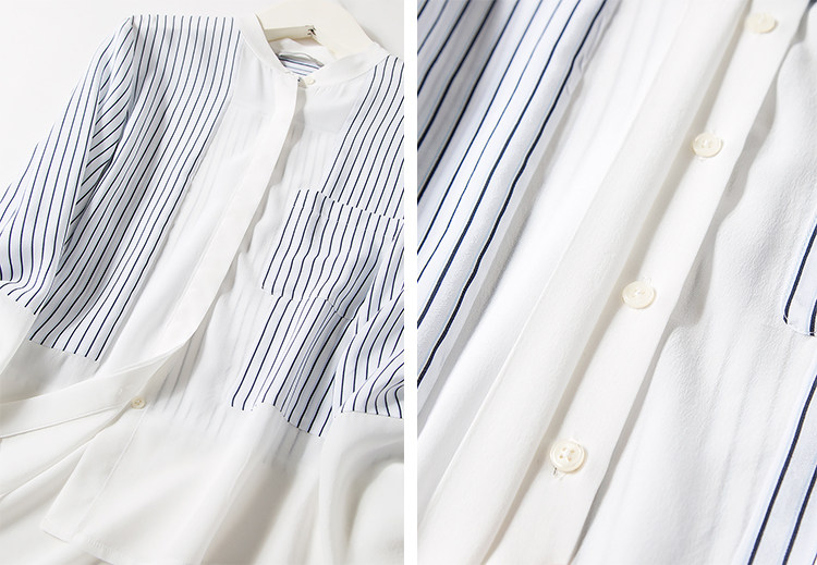 春秋装新款真丝衬衫口袋小立领条纹小心机衬衣拼色通勤休闲上衣女详情25