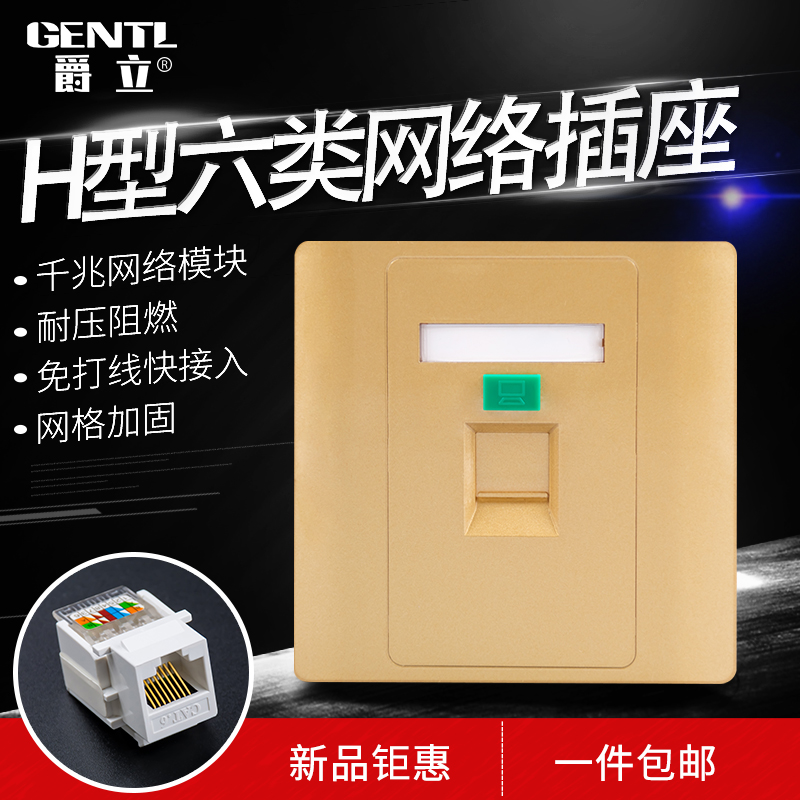 Six types of network socket single mouth mesh panel white cat6 type Type TV broadband network switch socket panel double hole computer socket 1, 2, 4 bits champagne gold