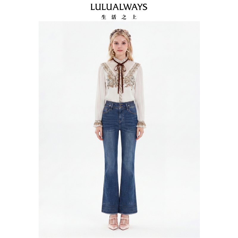 Lulualways I Love Lulu 26 Spring New High-Waisted Retro Fashion Rhinestone Embellished Flared Long Jeans for Women