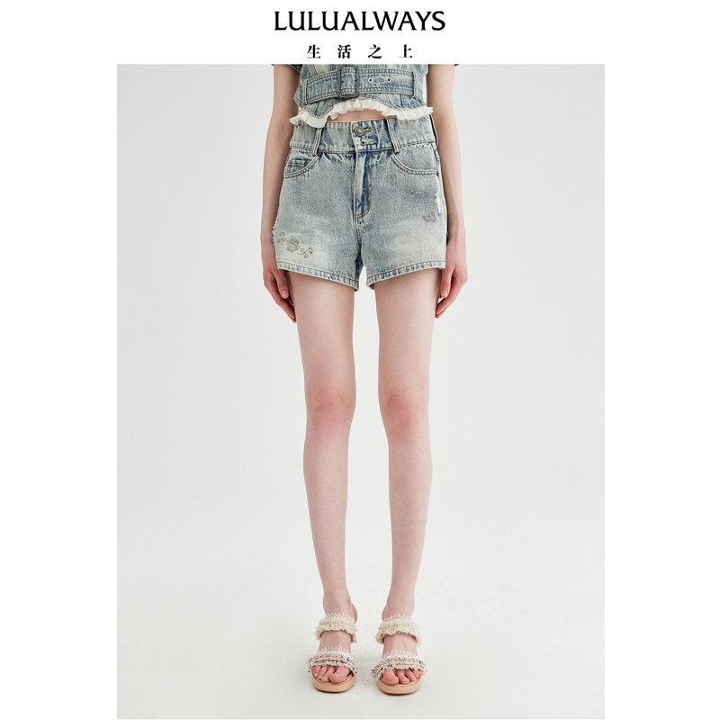 Lulualways【Same Style as in Shopping Malls】High-Waisted Loose Slimming A-Line Hot Pants Denim Shorts Lulualways【Same Style as in Shopping Malls】High-Waisted Loose Slimming A-Line Hot Pants Denim Shorts