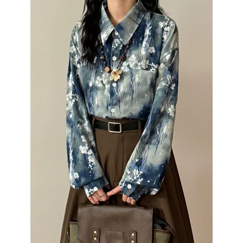 Ink Print Long-Sleeved Shirts for Men and Women, Lazy Style, Retro Fashion, Niche, Loose and Versatile Shirts, Early Spring Casual Style