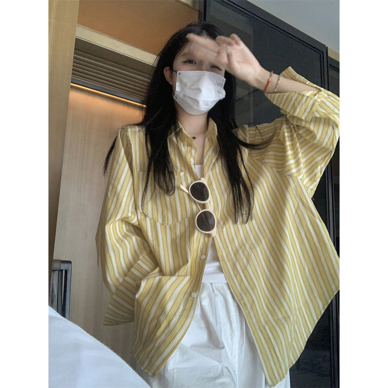 Striped Shirt for Women, New Spring and Autumn Fashion, Loose Fit, Polo Collar, Casual, Elegant, Long-Sleeved, Hong Kong Style Chic Layering Top