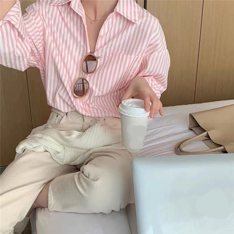 Korean Style Pink Striped Shirt, Autumn Fashion Color-Blocked Lapel Long-Sleeve Loose High-End Vacation Style Long-Sleeve Top Korean Style Pink Striped Shirt, Autumn Fashion Color-Blocked Lapel Long-Sleeve Loose High-End Vacation Style Long-Sleeve Top