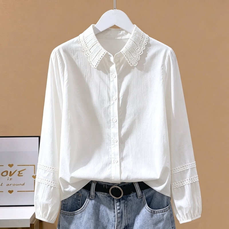 Designed Lapel Shirt for Women, Long-Sleeved White Lace Trim, Versatile and Stylish Cotton Top, Fashionable Base Shirt