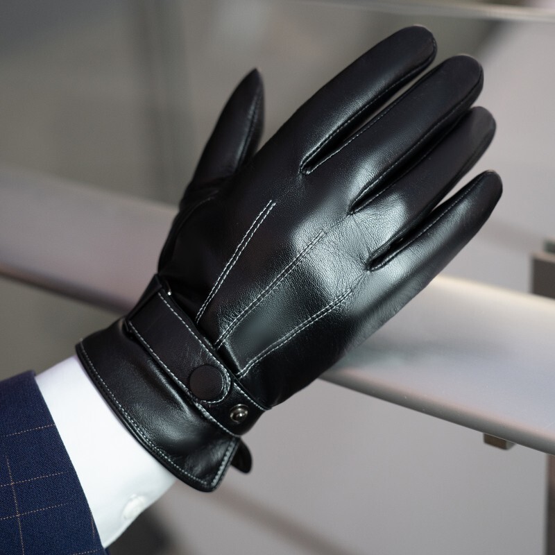 Autumn and Winter Men's Genuine Leather Gloves, Thin Style, Made of Small Goat Leather, Touchscreen Compatible, Warm, Fleece-Lined, Thickened, Suitable for Cycling and Driving, Large Size