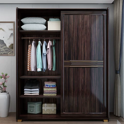 Новый китайский в стиле сплошной лесной шкаф, раздвижной двухдверный гардероб современный простой домашний шкаф для спальни, гардероб черного золота