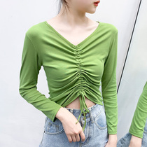 Avocado green matcha green t-shirt womens long-sleeved V-neck 2021 new super fairy lace-up drawstring pleated top umbilical tide