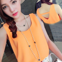 Double chiffon vest womens summer wear 2021 solid color short round neck loose sling halter base shirt top