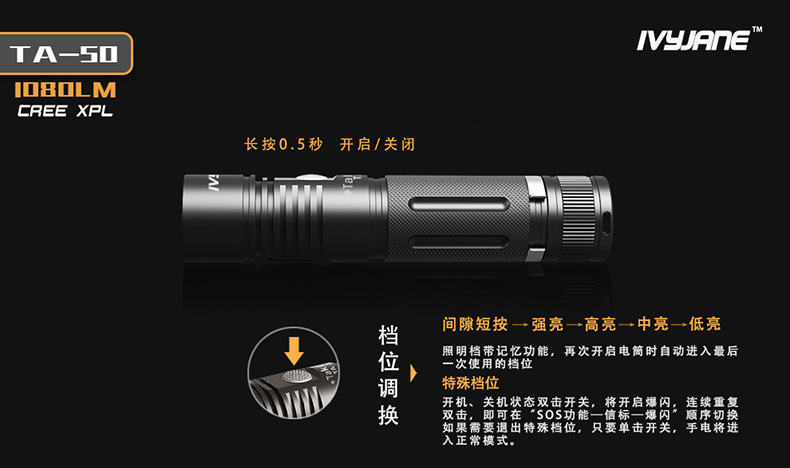 Ai Weizhen Hiệu suất cao độ sáng cao có thể sạc lại ngoài trời mạnh mẽ ánh sáng di động đèn pin TA50 đèn pin bảo vệ