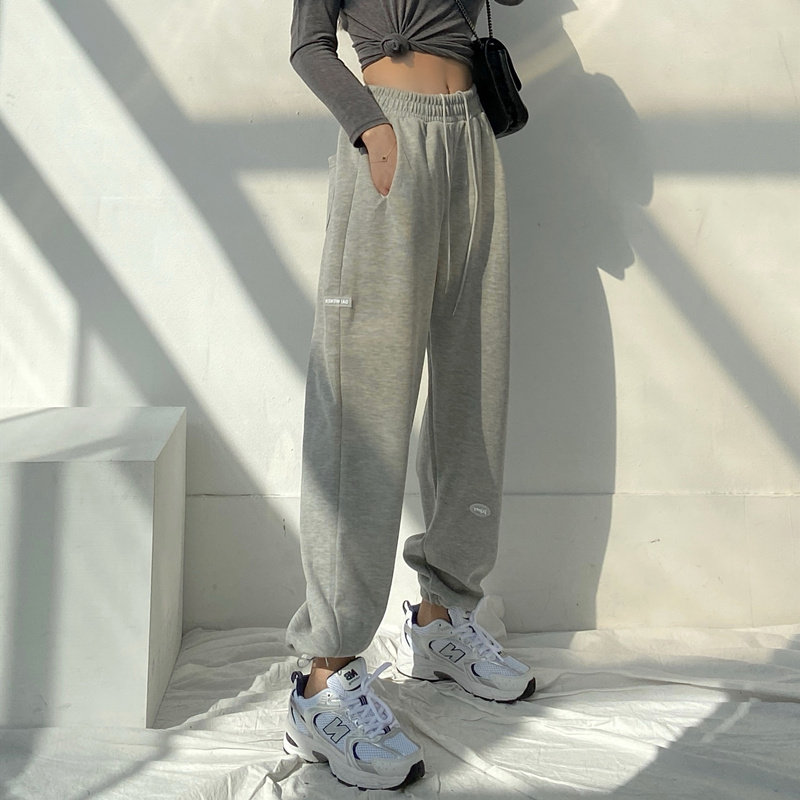 Korean Grey Sports Pants Woman Spring Autumn 2022 New Loose Beam Feet High Waist Pituitary Straight Drum Pure Cotton Casual Thick Cotton Pants