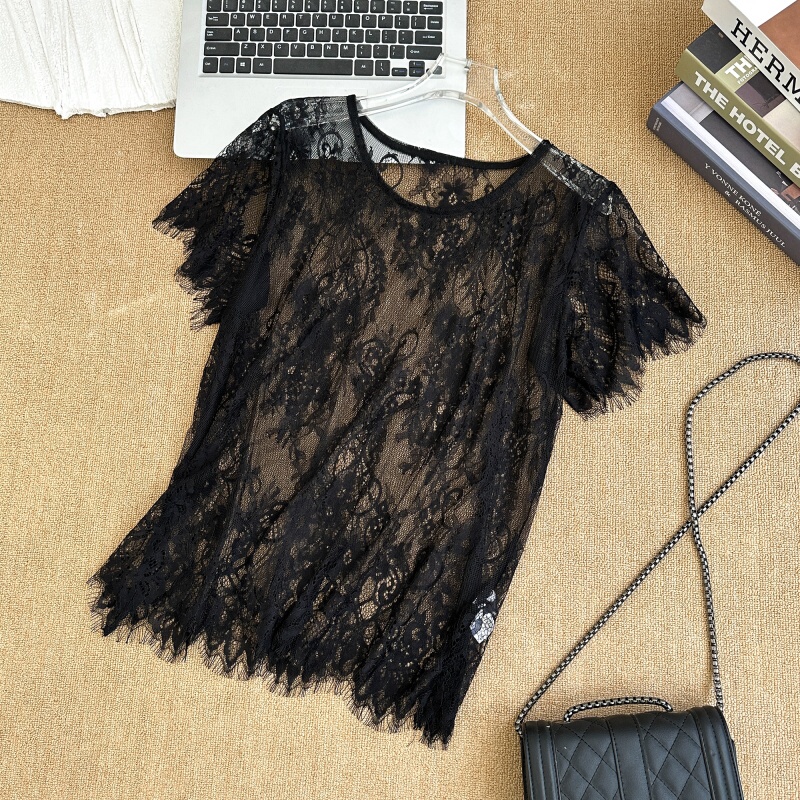 Lace Short-Sleeve Top for Women, Hollow-Out Versatile Layering Base Shirt, Lace Shirt with Chinese Style, Worn under a Slip Dress or as an Outer Cover-Up