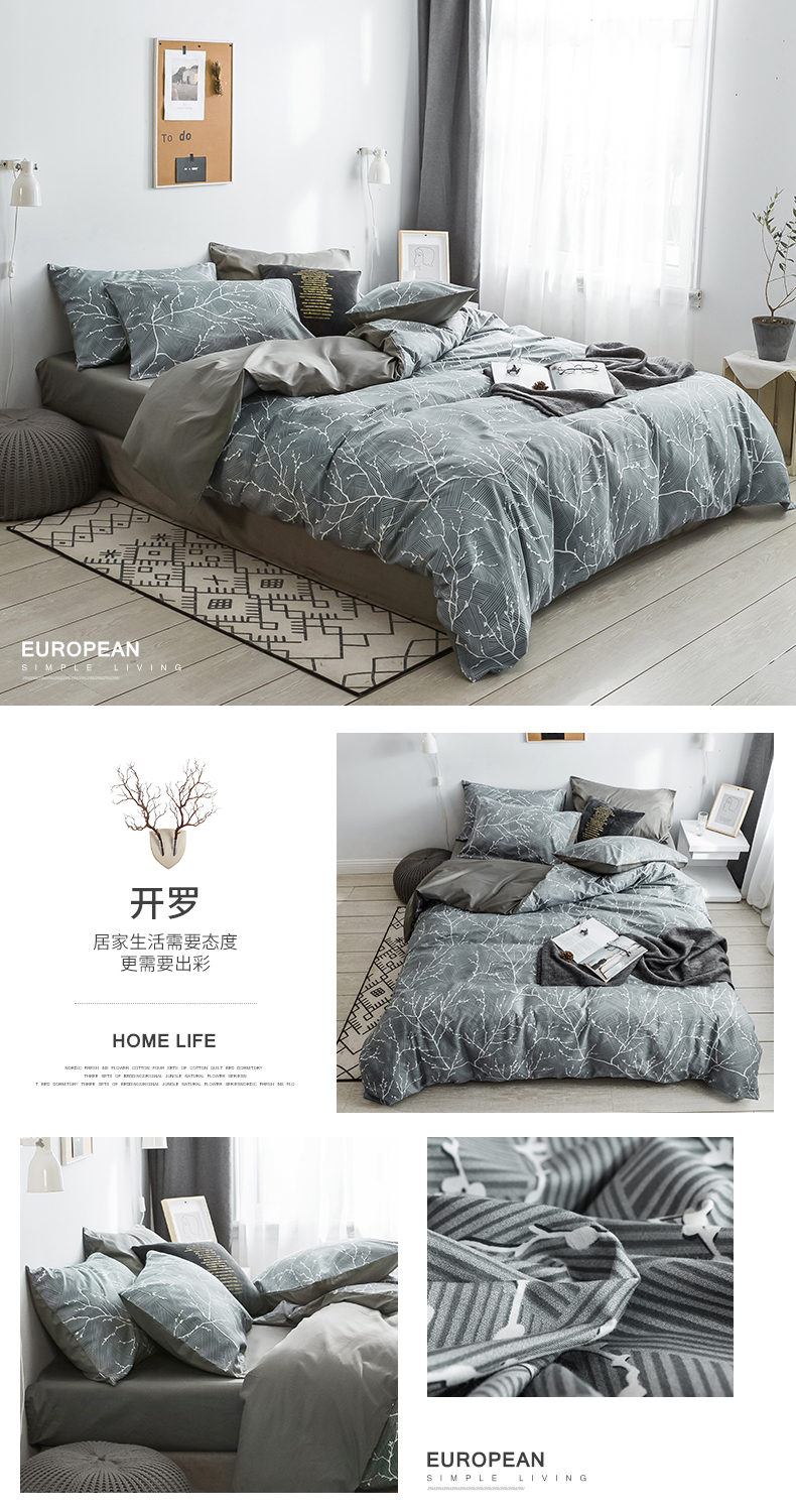 Mát phong cách tối giản bông denim ròng ins mùa xuân mới bộ đồ giường đỏ 1,8 m giường lanh chăn Mikasa mô hình - Bộ đồ giường bốn mảnh gối chăn