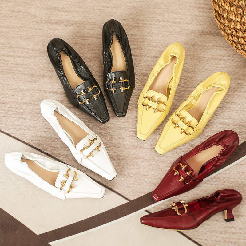 Shallow mouth single shoes women's high-heeled 2022 spring and summer new all-match soft leather metal buckle low-heeled point-toe high-heeled shoes