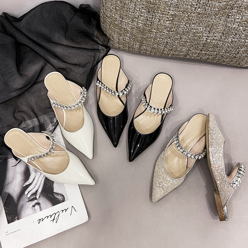 Baotou Muller sandals woman half slip out to wear 2023 new tip low heel back sea drill chain sandals