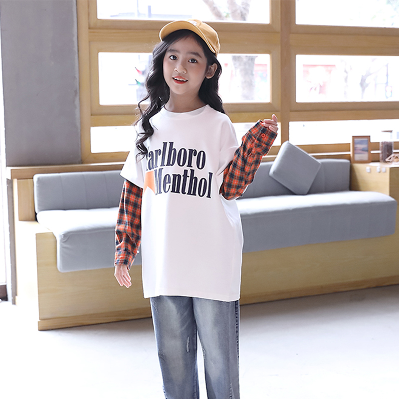 Girls T-shirt long-sleeved 2022 new autumn clothes in the big boy's foreign style fake two-piece top 15 girls Korean version 13 years old tide
