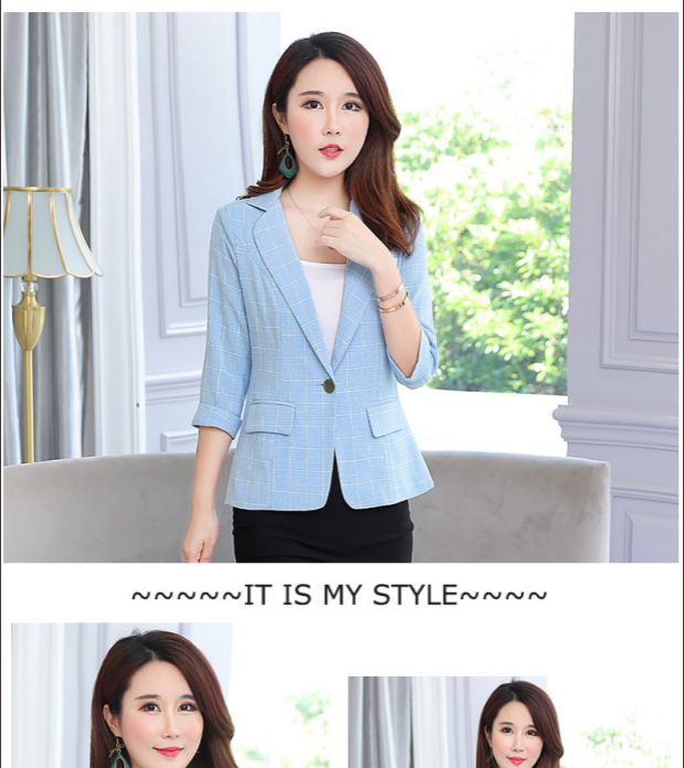 Mùa hè mỏng kích thước lớn phù hợp với phụ nữ kẻ sọc phù hợp với bộ đồ mỏng bảy điểm tay áo thời trang Hàn Quốc Slim chuyên nghiệp - Business Suit áo khoác kaki nữ