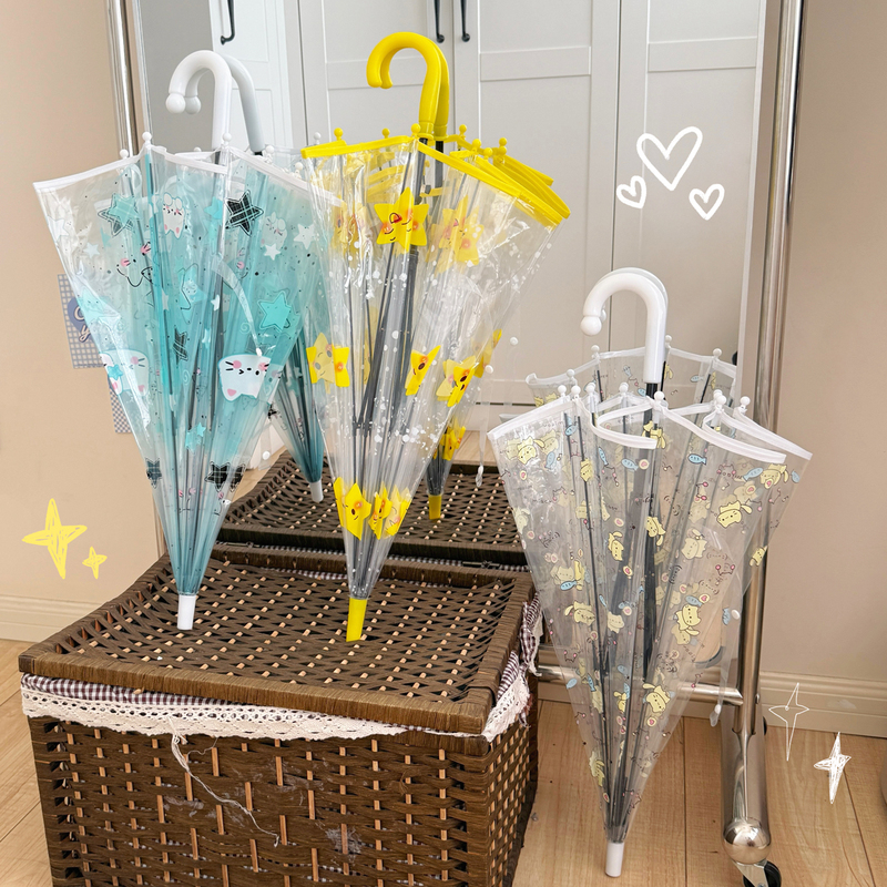 Japanese Style ins Cute Cat and Fish Automatic Arched Transparent Long-Handled Umbrella for Kindergarten and Elementary School Children, Unisex
