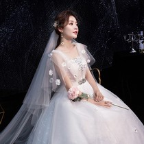 Main wedding dress 2020 new pregnant bride tail simple atmosphere large size high waist cover pregnant belly temperament thin mid-sleeve