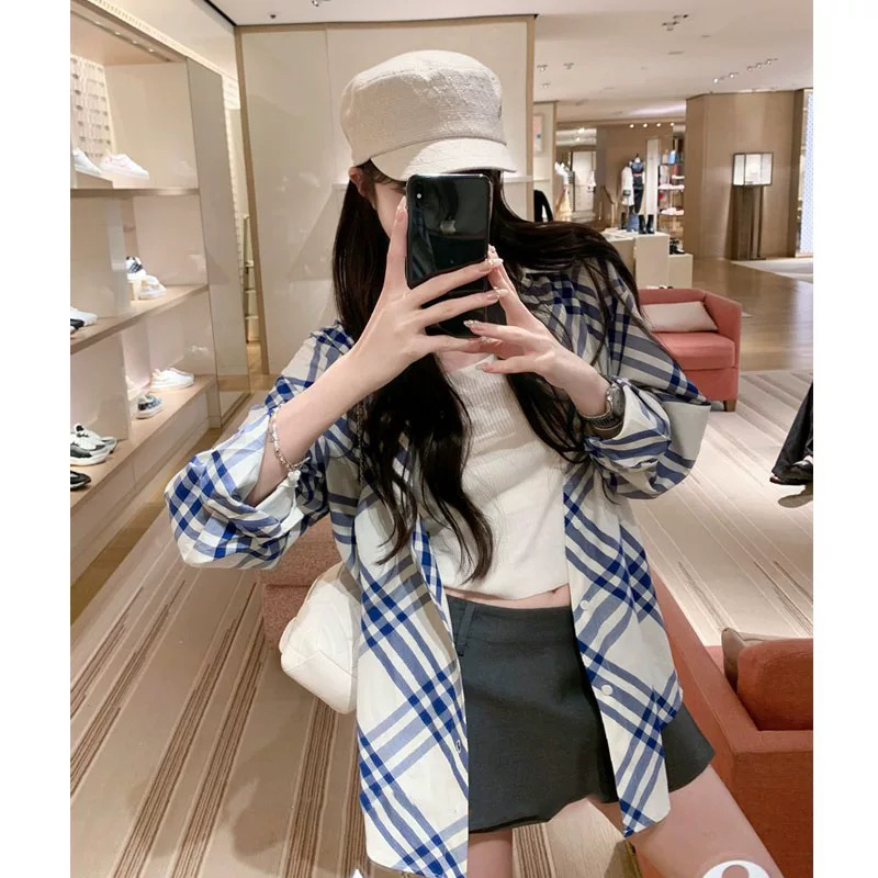 Blue Plaid Shirt Jacket for Women 2023 Summer New Fashion Slim and Stylish Stripesd Long-Sleeved Shirt Casual Blue Plaid Shirt Jacket for Women 2023 Summer New Fashion Slim and Stylish Stripesd Long-Sleeved Shirt Casual