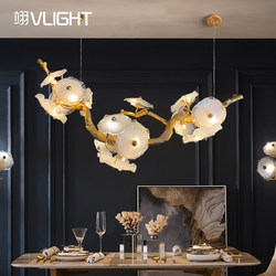 Postmodern Restaurant Lamp Light Luxury Handmade Lotus Leaf Glass Lamp Full Copper Branch Bedroom Light Luxury Villa Retro Living Room Lamp