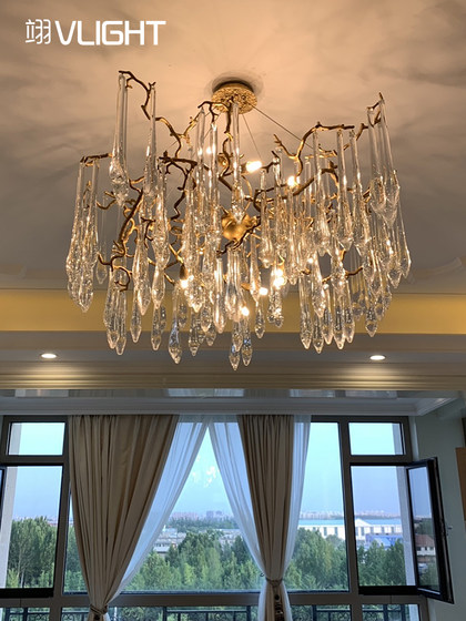 Postmodern Light Luxury Crystal Living Room Chandelier Round Bedroom Creative All-Copper Branch Lamp Home Villa Dining Room Lighting Fixtures
