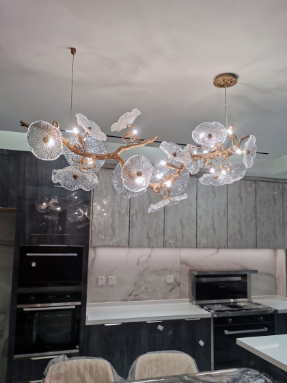 Postmodern Restaurant Lamp Light Luxury Handmade Lotus Leaf Glass Lamp Full Copper Branch Bedroom Light Luxury Villa Retro Living Room Lamp
