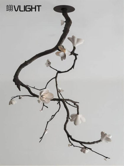 Light Luxury Living Room Chandelier, All-Copper Branch Ceramic Magnolia Flower Art, Wabi-Sabi Style, New Chinese Style Chandelier, Dining Room Tea Room Lamp