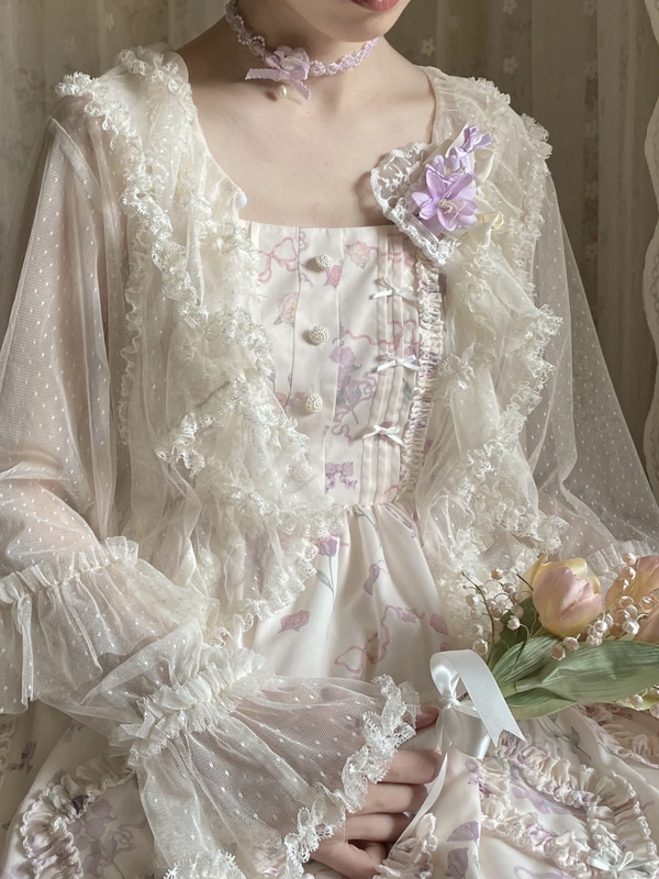 Lolita Style Long-Sleeve Floral Cardigan Paired with Lace Chiffon Puff Sleeve Shirt, Lightweight Blouse
