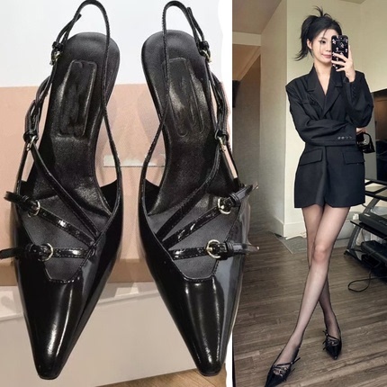 Top-Level *Zhang Yuanying* Style Miu-Style Pointed-Toe High Heels Patent Leather Strap Backless Kitten Heel Stiletto Sandals for Women