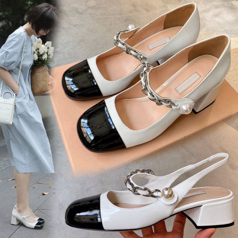 High-End Zhao Lusi Style Miu* Mary Jane Shoes for Women, Chunky Heel High Heels, Genuine Leather, Retro Square Toe Small Leather Shoes for Summer