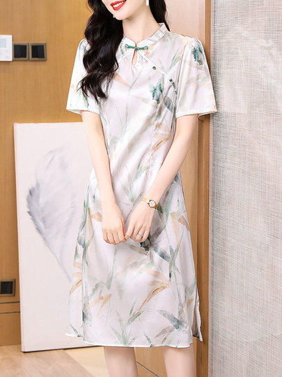 真丝连衣裙女2025新款夏短袖V领印花真丝裙子妈妈装国风减龄显瘦