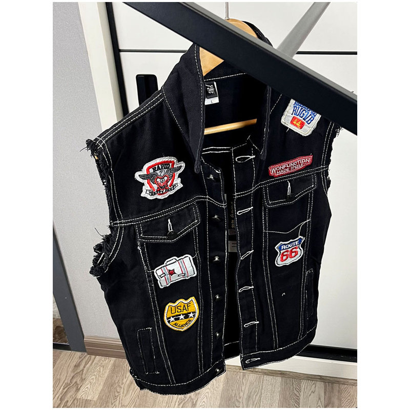 Riding-Style Vintage Embroidered Denim Vest for Men, Slim Fit, Sleeveless, Personalized Biker Style, Distressed Autumn Jacket, Plus Size