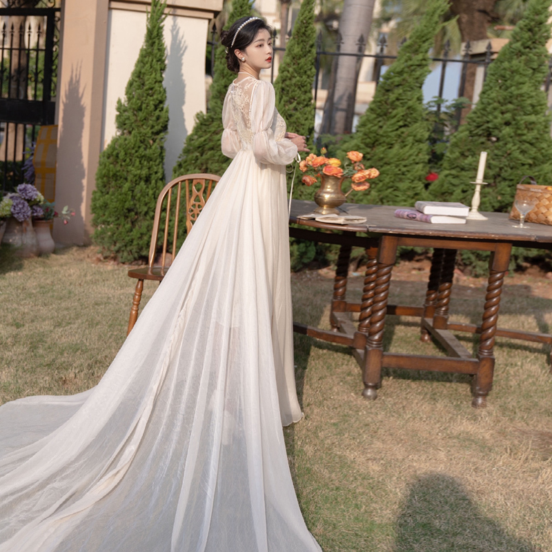 Morning Gown Bride Wedding High-End Long French White Dreamy Retro Lace Cardigan Fairy Train Dress