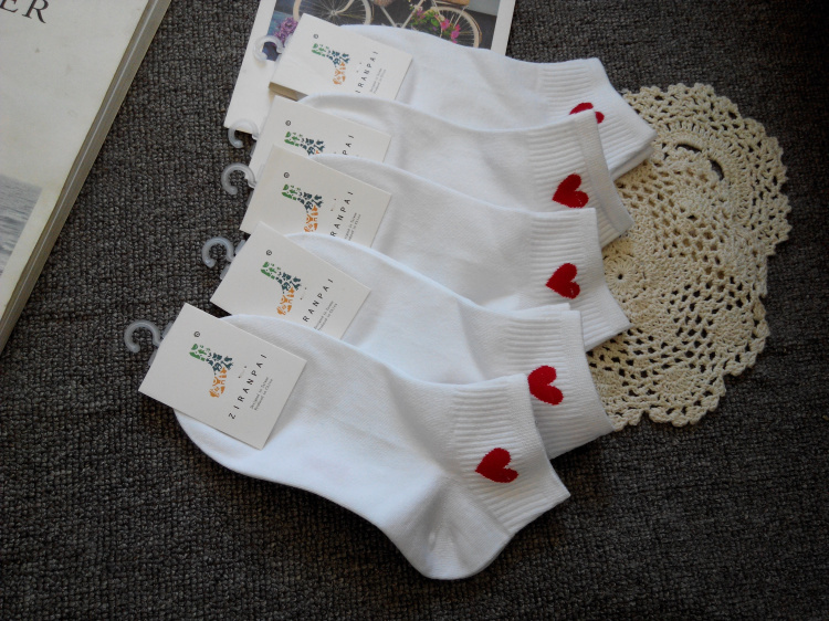 5 Pairs of Women's Pure Cotton Socks, White Red Heart Short Socks, Black Student Socks, Versatile Korean Style, College Style, Odor-Resistant