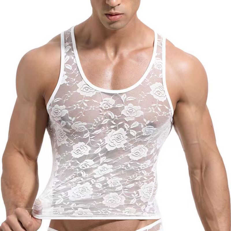 Hollow Mesh Jacquard Heavy Lace Rose Slim-Fit Tank Top for Men, Sexy Body-Shaping Inner Wear Racerback Tank Top Hollow Mesh Jacquard Heavy Lace Rose Slim-Fit Tank Top for Men, Sexy Body-Shaping Inner Wear Racerback Tank Top