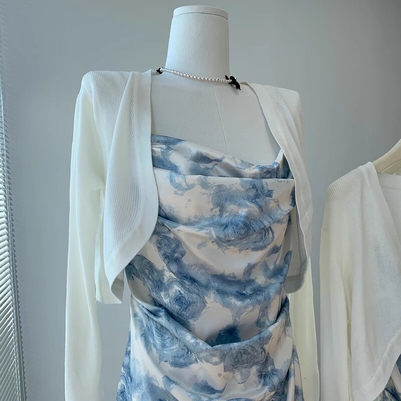 White Shawl Slip Dress with Sun Protection Cover-Up for Women, Summer Ice Silk Cardigan, French-Style Thin Jacket