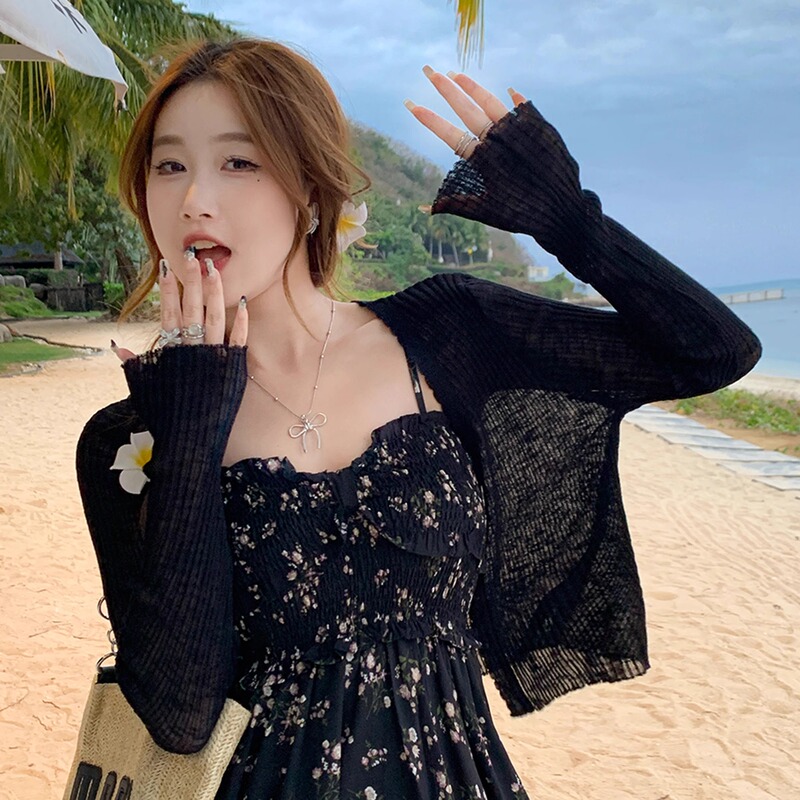 Black Sun Protection Cardigan for Women, Summer Thin Outerwear, Slip Dress Shawl, Ice Silk Knitted Air-Conditioning Shirt, Short Jacket