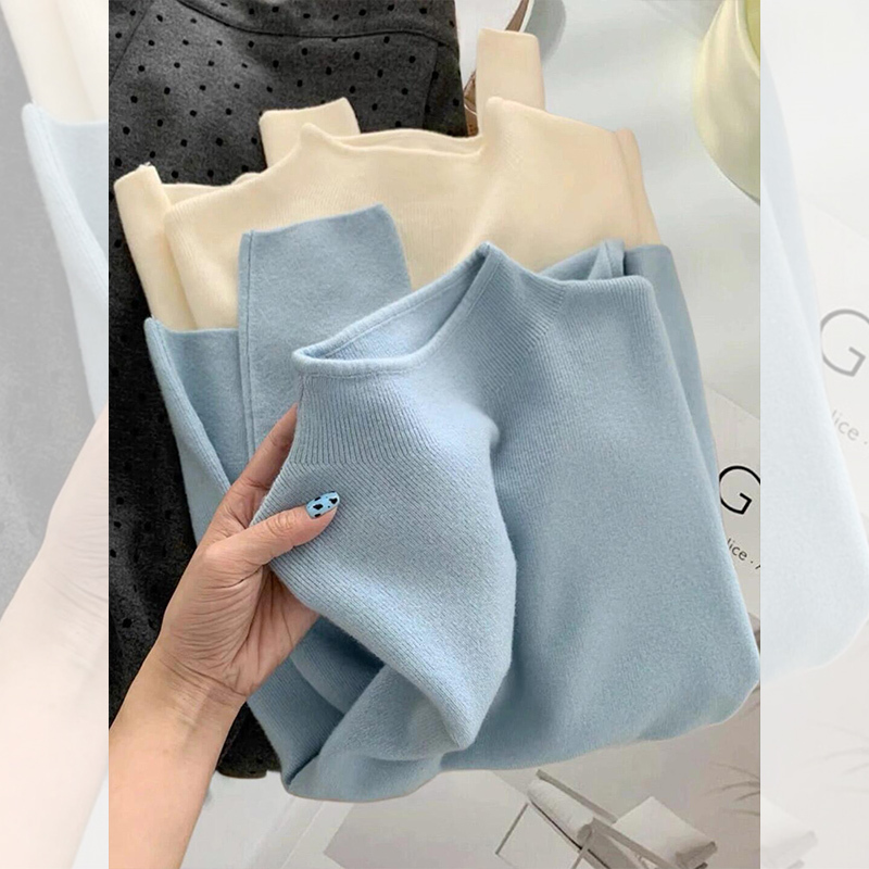 High-End Blue Soft and Cozy Half-High Collar Cashmere Knit Base Shirt for Women, Autumn and Winter Slim-Fit Sweater, Inner Layer Mid-Neck Top High-End Blue Soft and Cozy Half-High Collar Cashmere Knit Base Shirt for Women, Autumn and Winter Slim-Fit Sweater, Inner Layer Mid-Neck Top