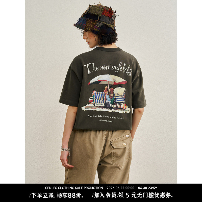 Cenles Ss26 "Beach Scenery" American Retro Illustration Printed Washed Round Neck T-Shirt Loose Short Sleeves