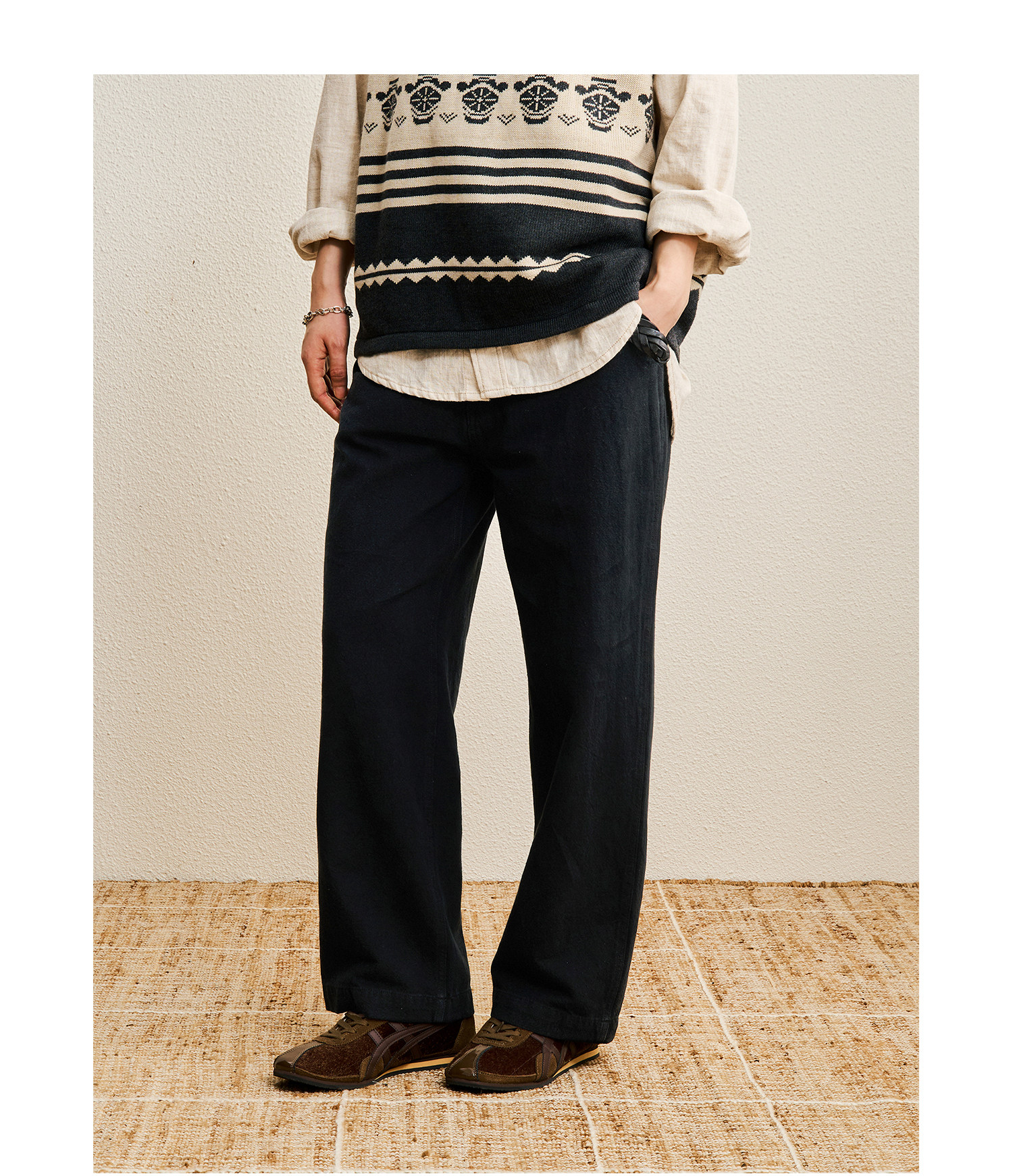 CENLES Cotton-Linen Loose Straight-Leg Trousers