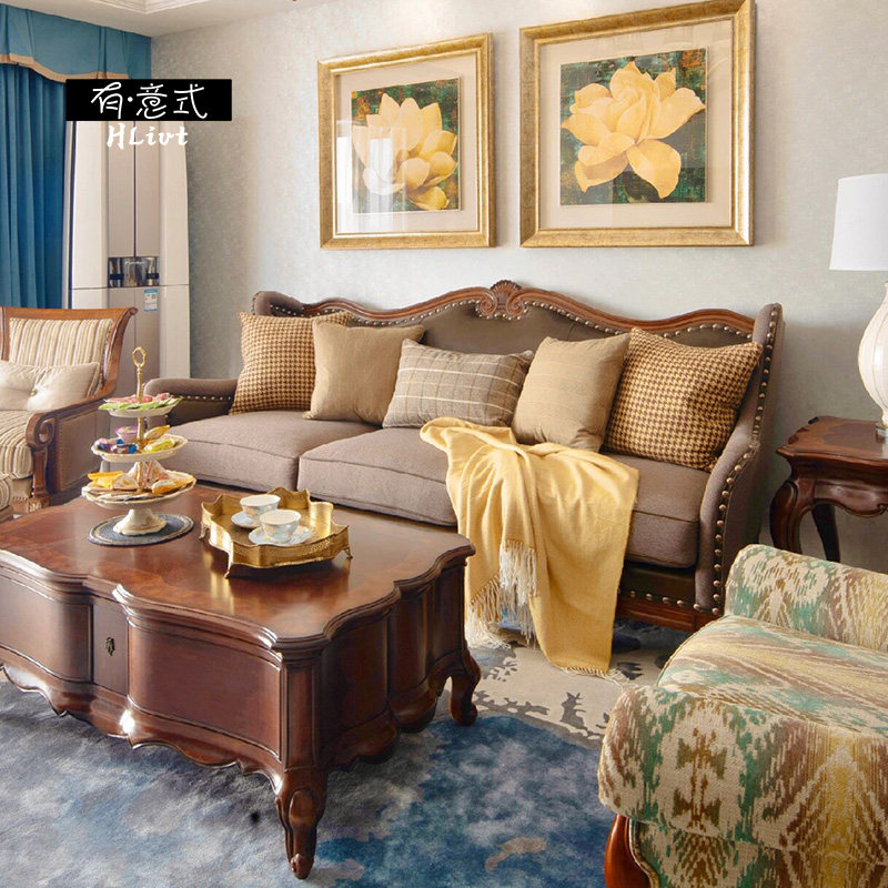 American*gram new traditional light luxury leather cloth American solid wood carved classic three-person sofa rivet craft living room furniture