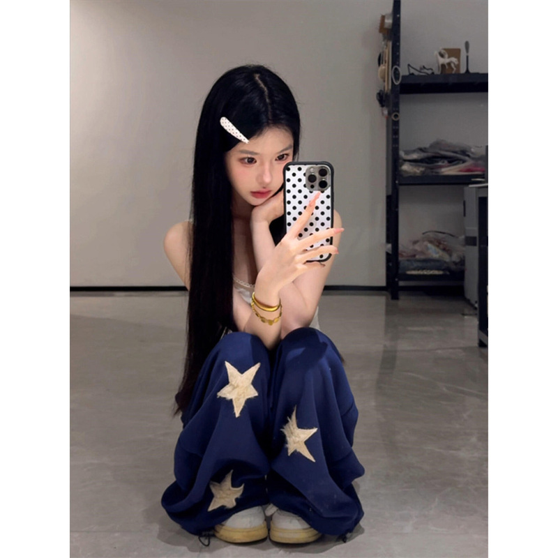 Korean Retro Navy Blue Star Letter Drawstring Casual Pants for Women, Summer Slim Fit, Loose and Versatile Long Pants