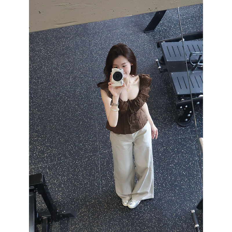 Korean Retro Sleeveless Ruffled Hollow Lace Lace-Up Shirt for Women, Summer Slim-Fitting Waist-Cinching Design Trendy Top