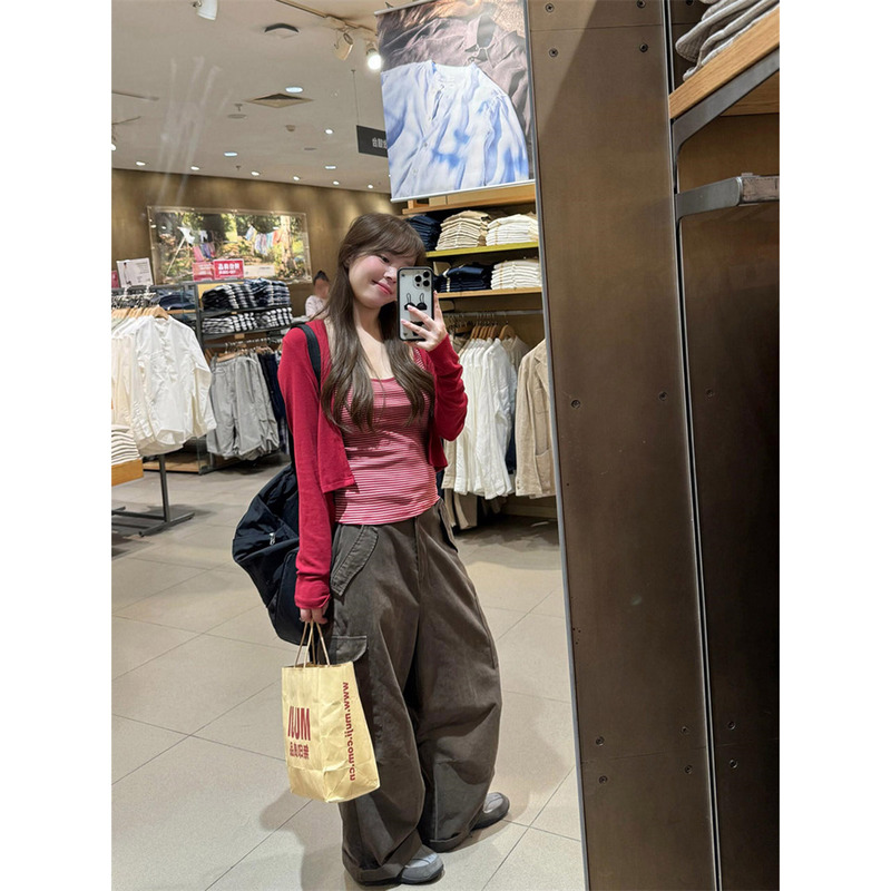American-Style Patchwork Red Striped Cardigan Long-Sleeve T-Shirt for Women, Autumn Slim-Fit Slimming Base Layer Vest Casual Two-Piece Set