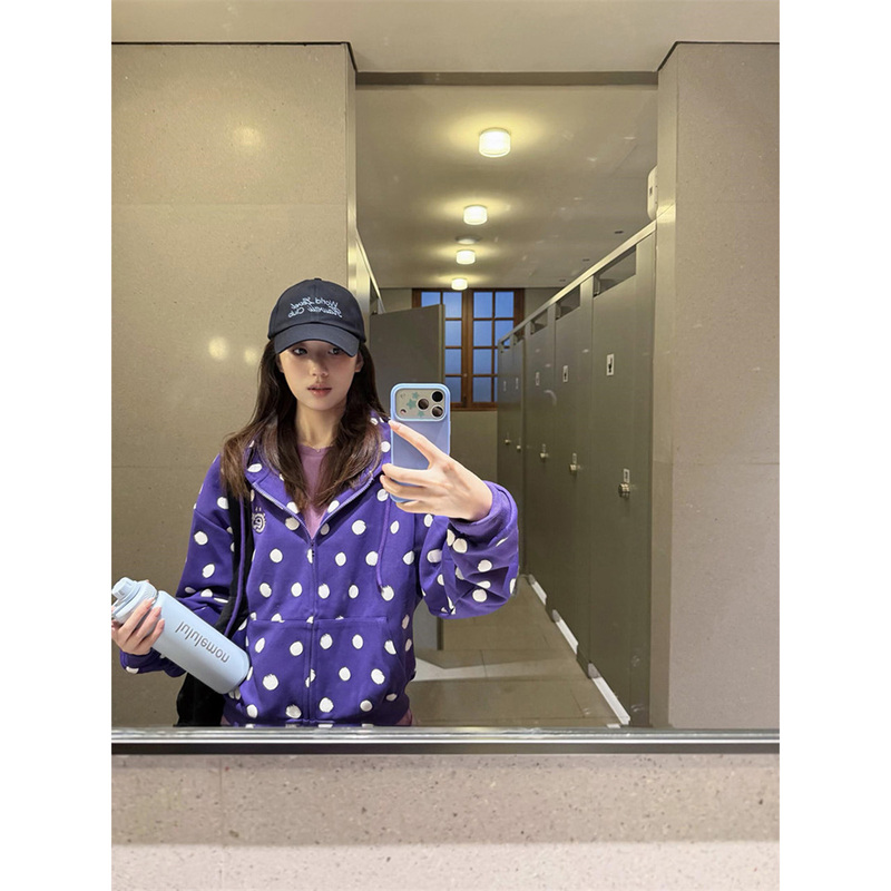 American-Style Purple Polka-Dot Hooded Zip-Up Sweatshirt for Women, Early Autumn, Loose Fit, Slimming, Thin Design, Versatile, Casual Jacket