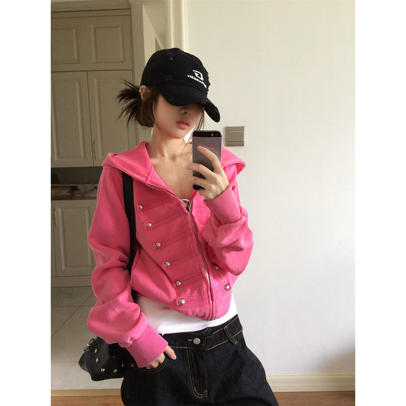 Korean Style Patchwork Rose Red Hooded Zip-Up Sweatshirt for Women, Autumn Loose Fit, Slimming Design, Versatile, Casual Jacket, Trendy