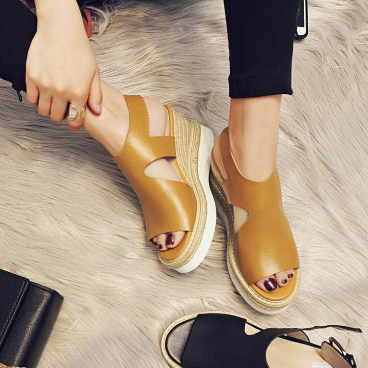 2022 summer new wedge sandals women's leather straw woven sponge cake platform sandals brown all-match high-heeled fish mouth sandals