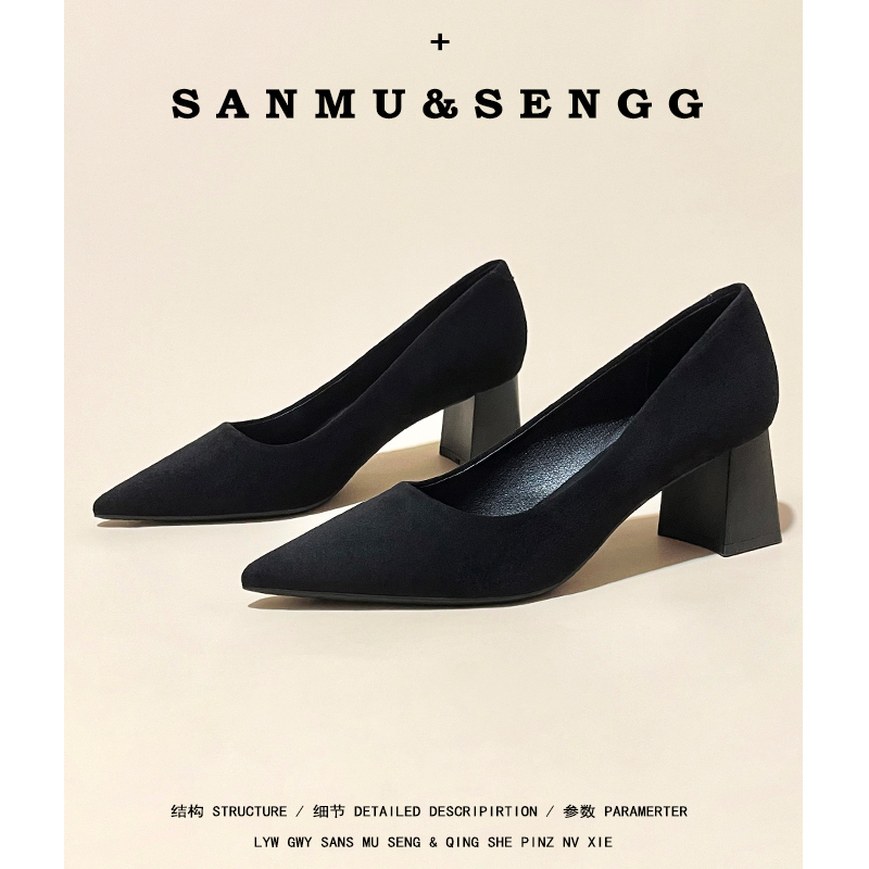 Thick-Heeled Women's Shoes 2026 New Spring and Autumn Suede 5cm Mid-Heel Shallow Mouth Commuting Black Professional Pointed-Toe High-Heeled Shoes
