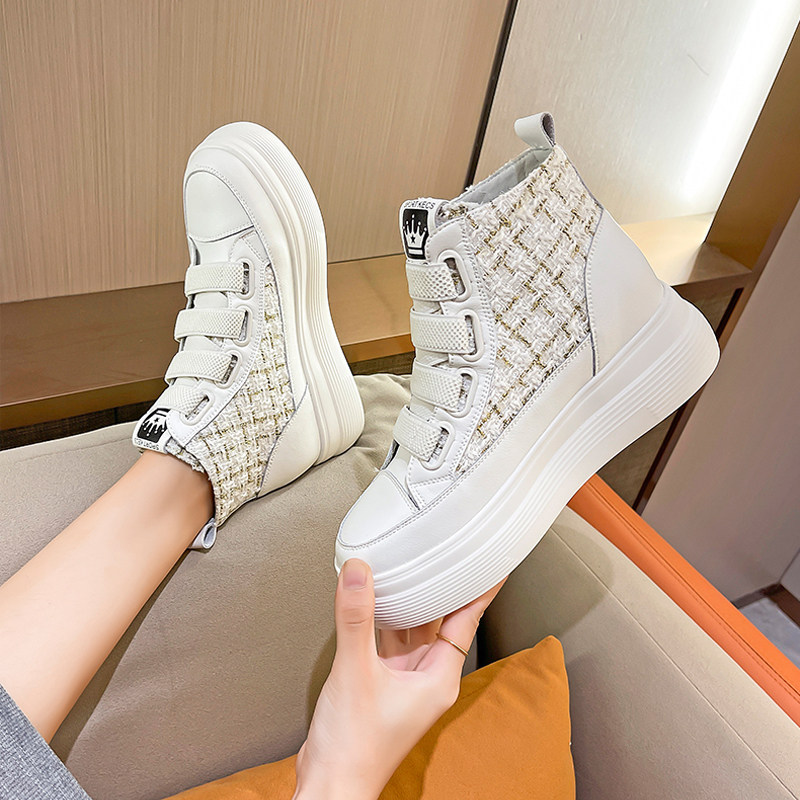 Small white shoes small fragrance casual short boots 2022 new inner heightened women's shoes thick bottom plus velvet Velcro high tube